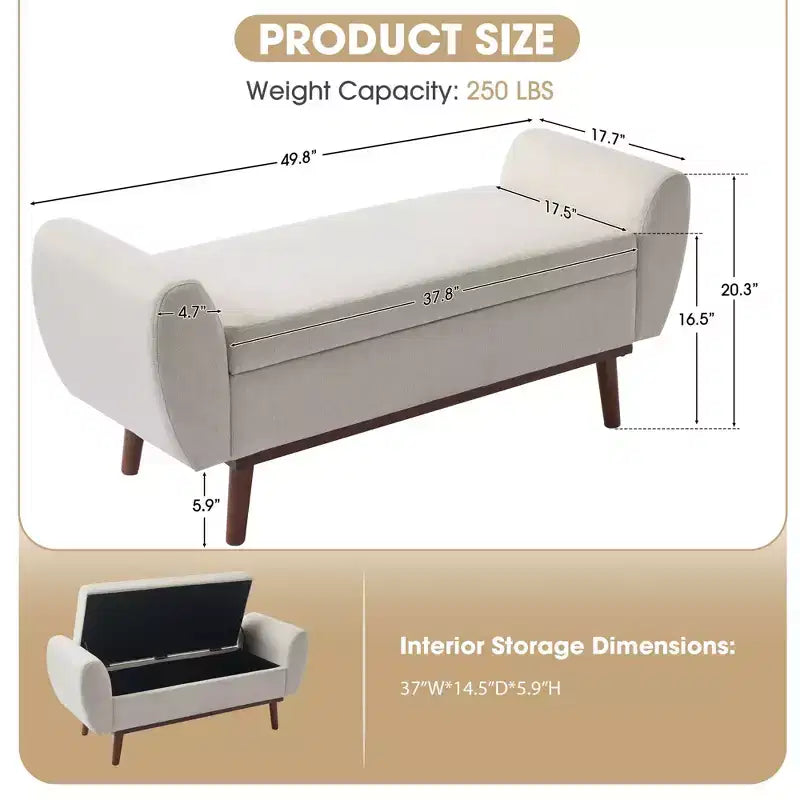 Banc de rangement rembourré en lin Hyleory avec pieds en bois massif pour chambre à coucher, salon ou entrée