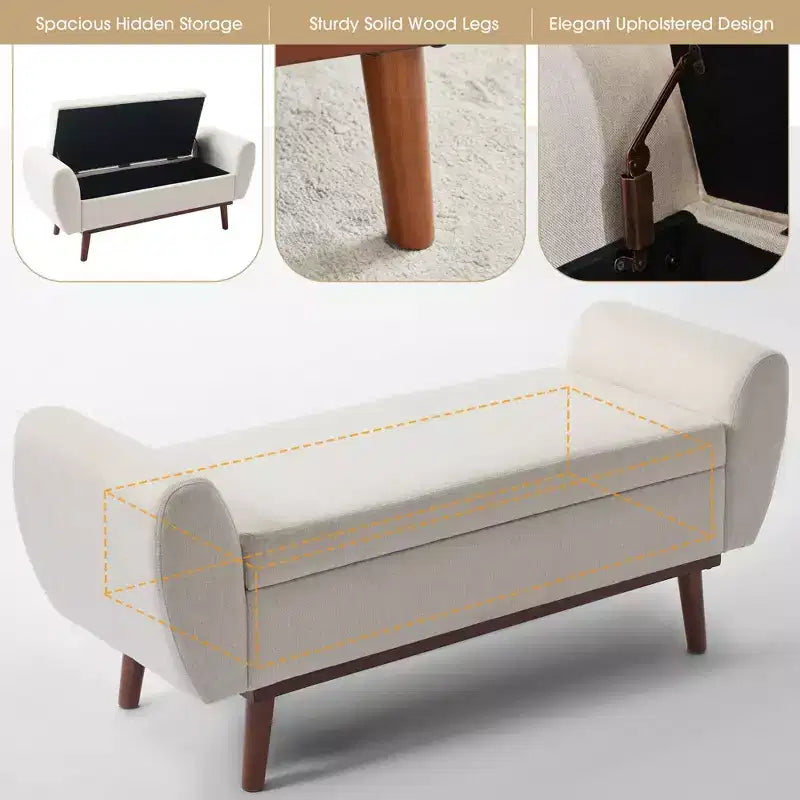 Banc de rangement rembourré en lin Hyleory avec pieds en bois massif pour chambre à coucher, salon ou entrée