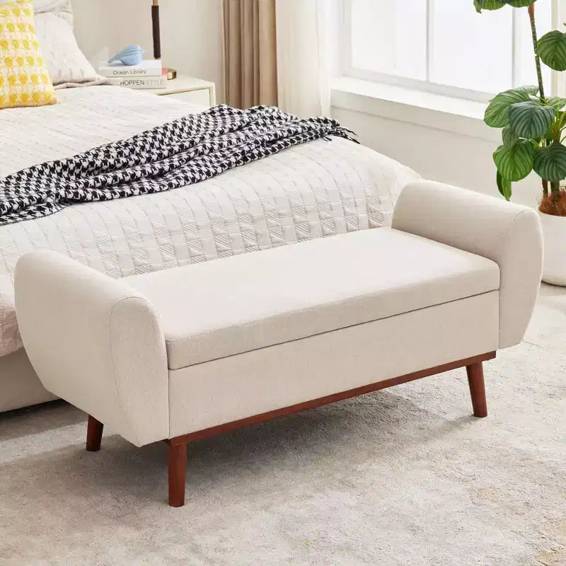 Banc de rangement rembourré en lin Hyleory avec pieds en bois massif pour chambre à coucher, salon ou entrée