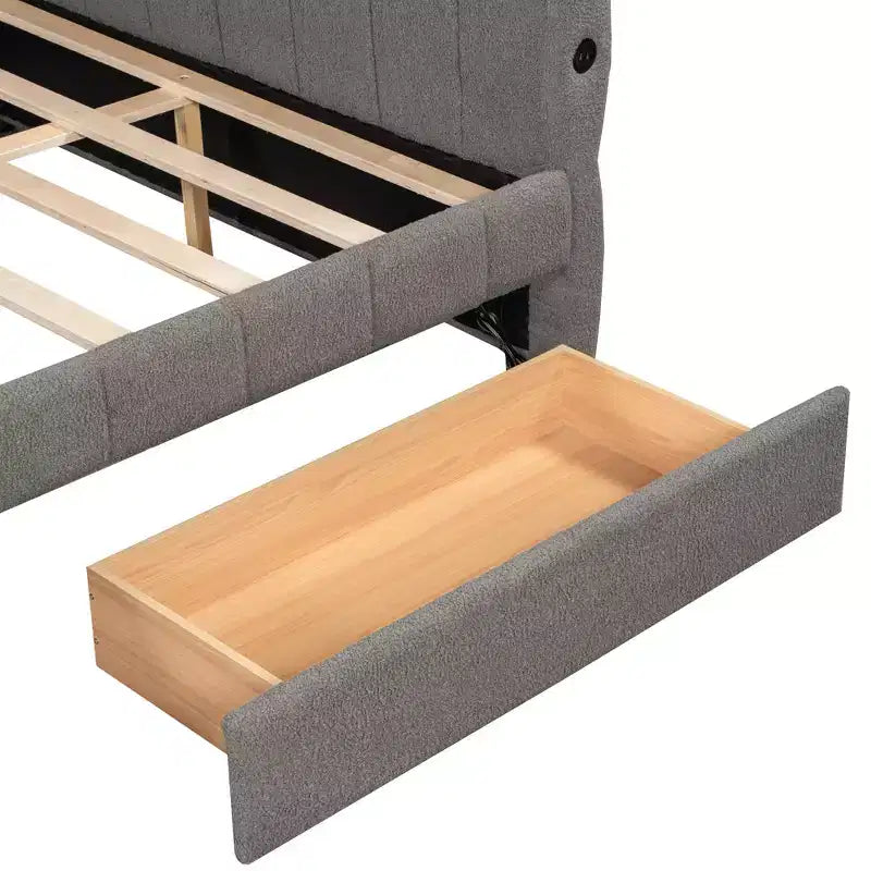 Lit plateforme Queen Size, cadre de lit rembourré avec ports USB et 2 tiroirs/lit gigogne - ModernLuxe