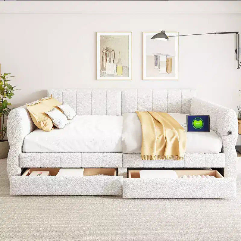 Lit plateforme Queen Size, cadre de lit rembourré avec ports USB et 2 tiroirs/lit gigogne - ModernLuxe