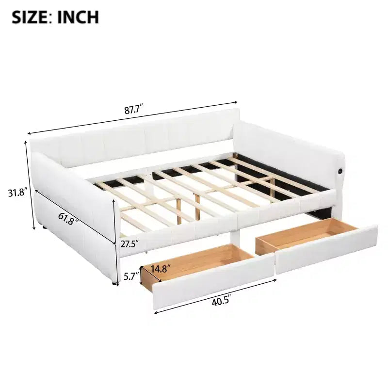 Lit plateforme Queen Size, cadre de lit rembourré avec ports USB et 2 tiroirs/lit gigogne - ModernLuxe