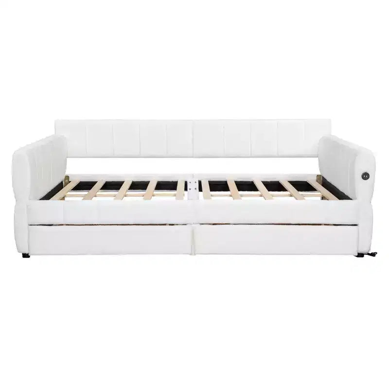 Lit plateforme Queen Size, cadre de lit rembourré avec ports USB et 2 tiroirs/lit gigogne - ModernLuxe