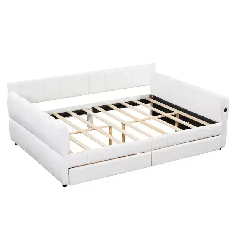 Lit plateforme Queen Size, cadre de lit rembourré avec ports USB et 2 tiroirs/lit gigogne - ModernLuxe
