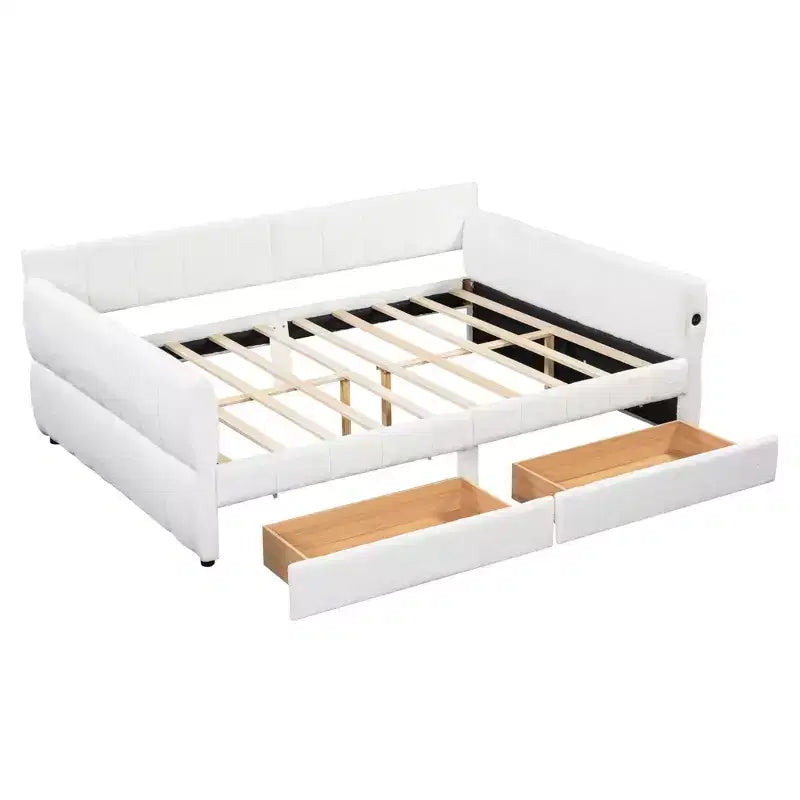 Lit plateforme Queen Size, cadre de lit rembourré avec ports USB et 2 tiroirs/lit gigogne - ModernLuxe