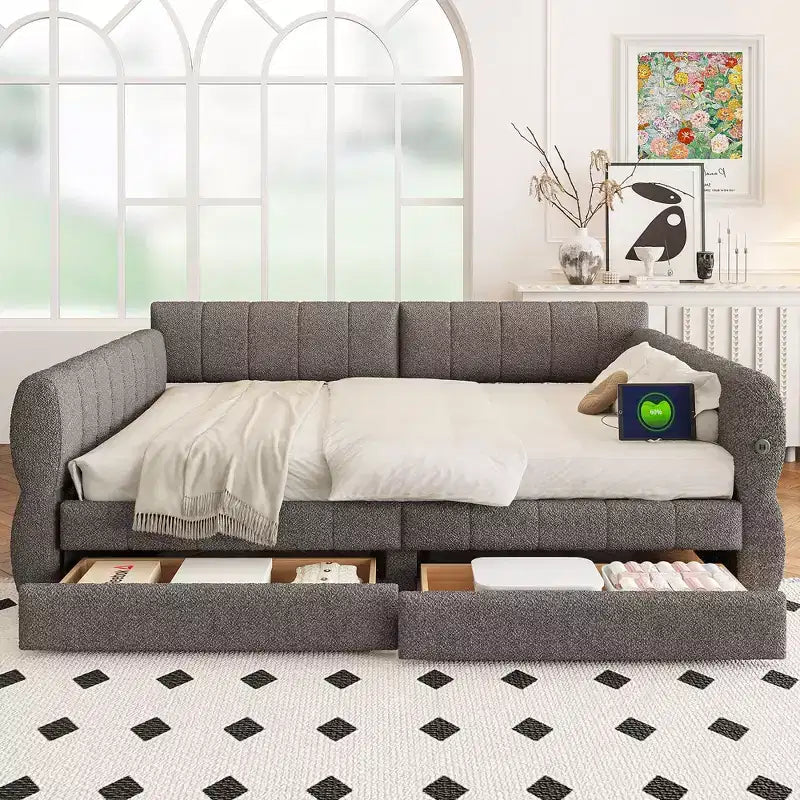 Lit plateforme Queen Size, cadre de lit rembourré avec ports USB et 2 tiroirs/lit gigogne - ModernLuxe