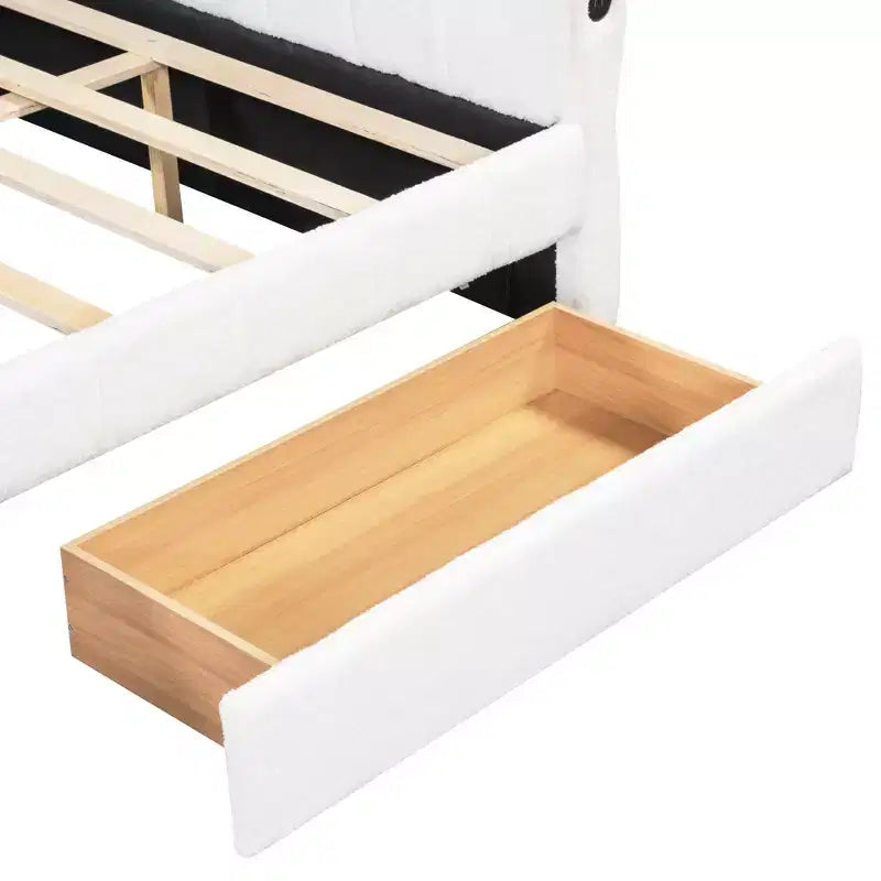 Lit plateforme Queen Size, cadre de lit rembourré avec ports USB et 2 tiroirs/lit gigogne - ModernLuxe