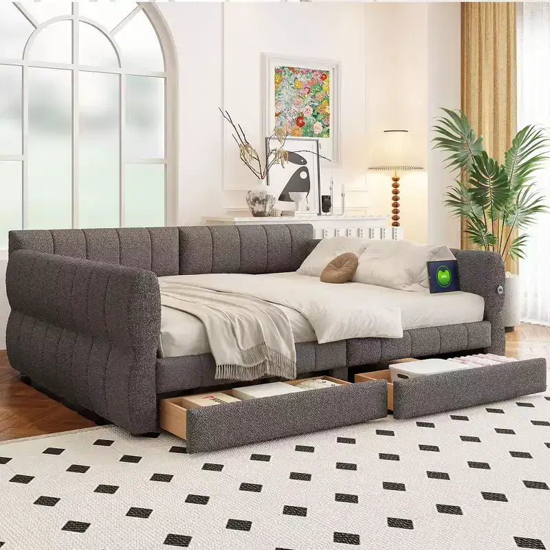 Lit plateforme Queen Size, cadre de lit rembourré avec ports USB et 2 tiroirs/lit gigogne - ModernLuxe