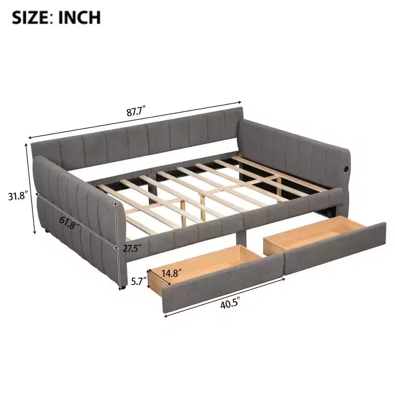 Lit plateforme Queen Size, cadre de lit rembourré avec ports USB et 2 tiroirs/lit gigogne - ModernLuxe
