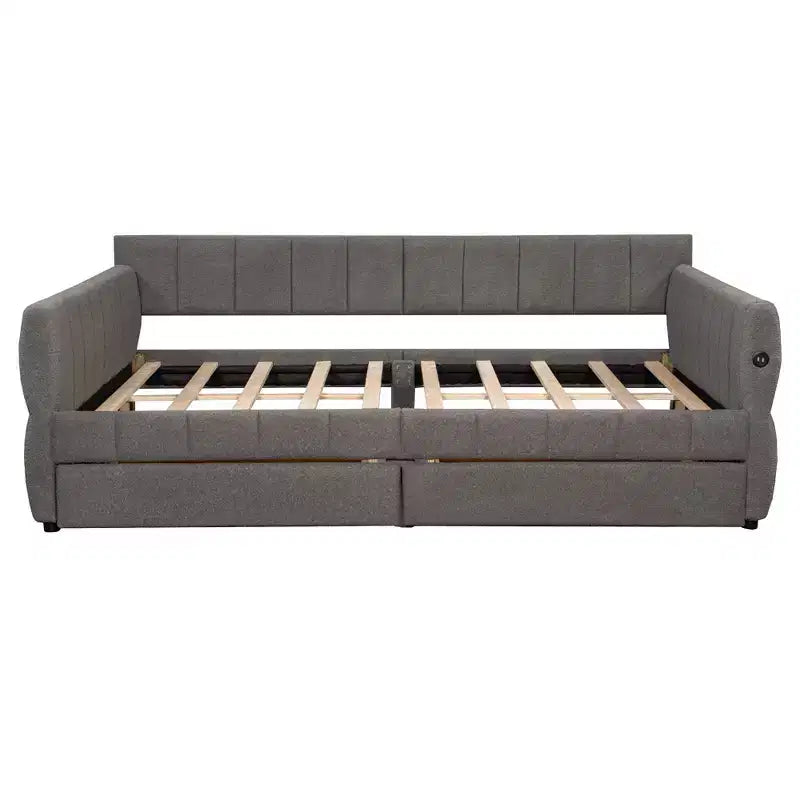 Lit plateforme Queen Size, cadre de lit rembourré avec ports USB et 2 tiroirs/lit gigogne - ModernLuxe