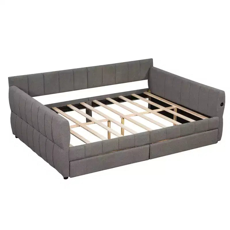 Lit plateforme Queen Size, cadre de lit rembourré avec ports USB et 2 tiroirs/lit gigogne - ModernLuxe