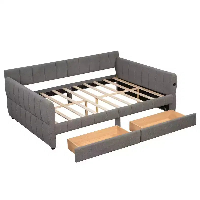 Lit plateforme Queen Size, cadre de lit rembourré avec ports USB et 2 tiroirs/lit gigogne - ModernLuxe