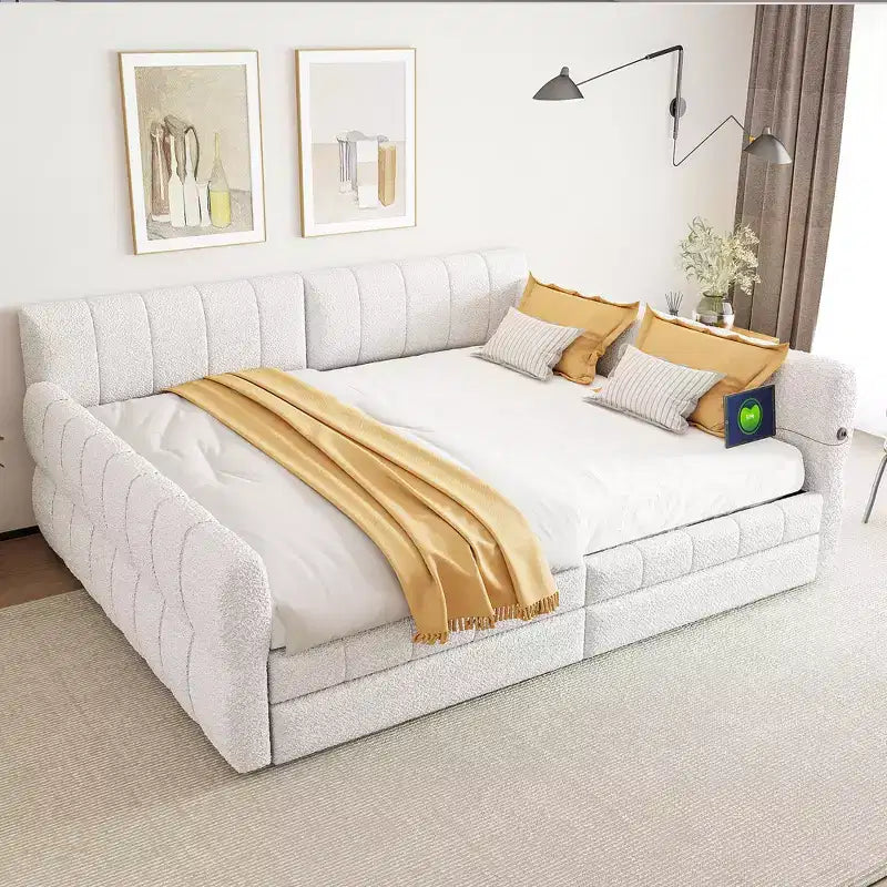 Lit plateforme Queen Size, cadre de lit rembourré avec ports USB et 2 tiroirs/lit gigogne - ModernLuxe