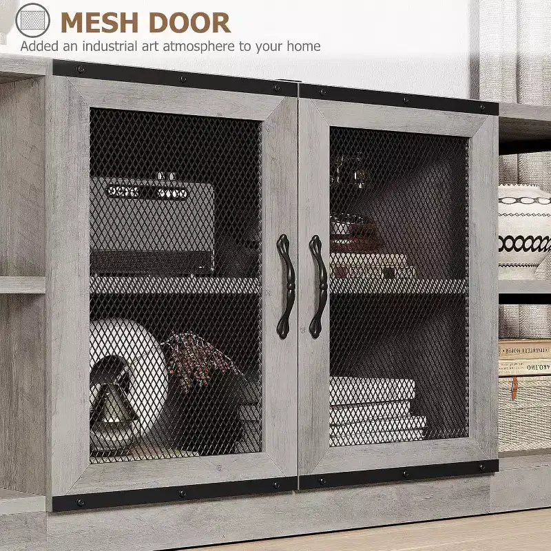 Meuble TV gris rustique, meuble TV de 160 cm avec armoire de rangement et portes en maille pour salon et chambre à coucher