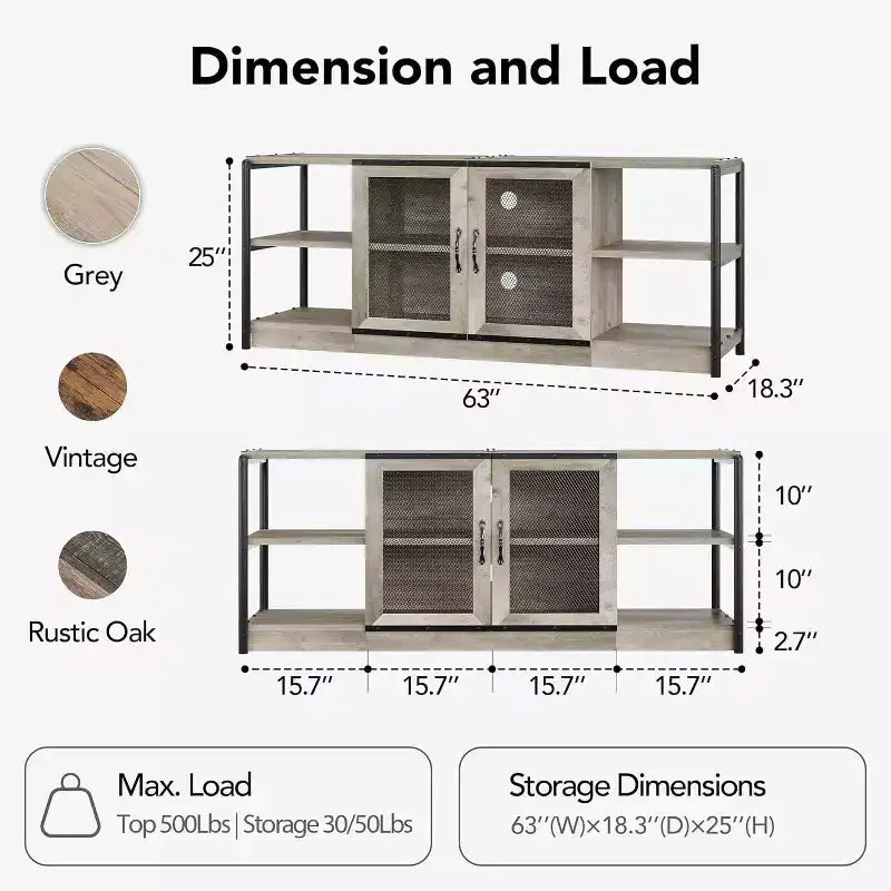 Meuble TV gris rustique, meuble TV de 160 cm avec armoire de rangement et portes en maille pour salon et chambre à coucher