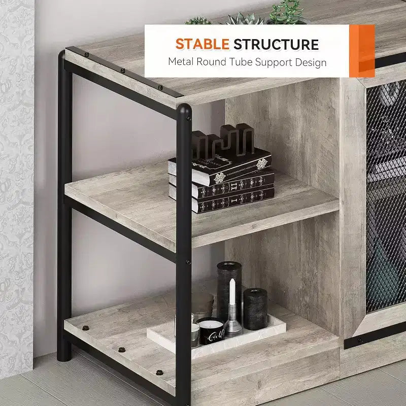 Meuble TV gris rustique, meuble TV de 160 cm avec armoire de rangement et portes en maille pour salon et chambre à coucher