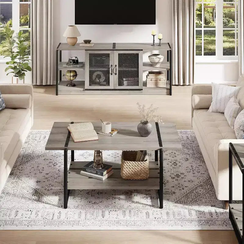 Meuble TV gris rustique, meuble TV de 160 cm avec armoire de rangement et portes en maille pour salon et chambre à coucher