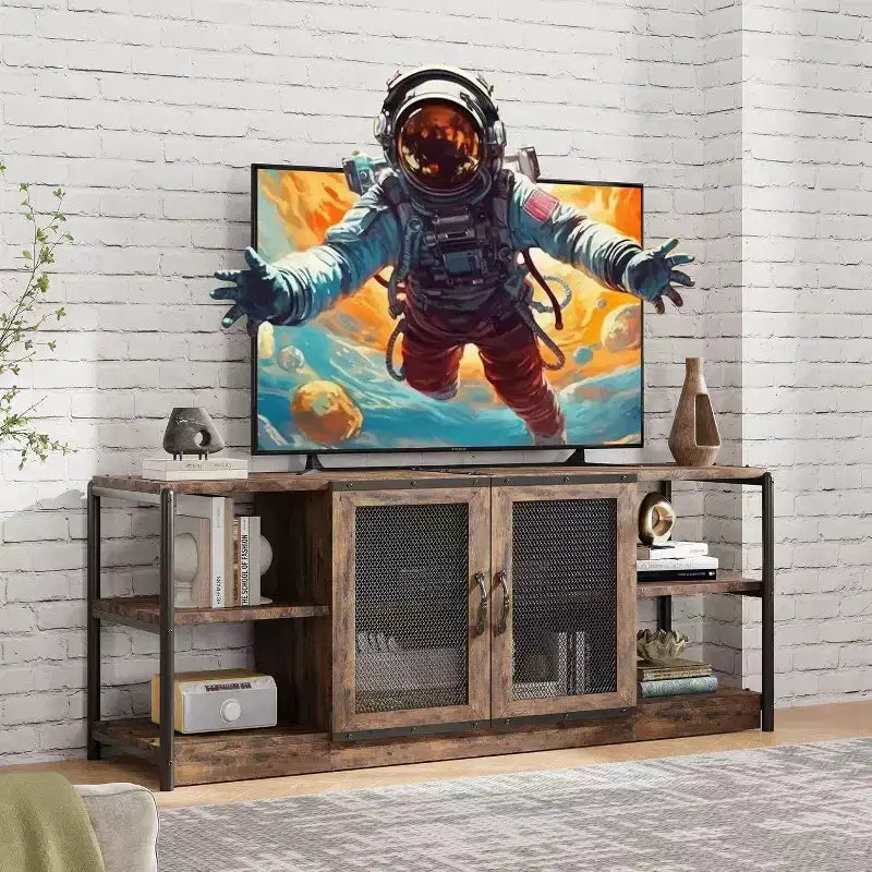 Meuble TV gris rustique, meuble TV de 160 cm avec armoire de rangement et portes en maille pour salon et chambre à coucher