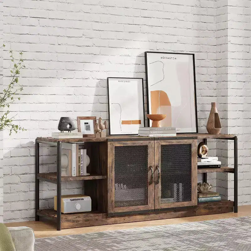 Meuble TV gris rustique, meuble TV de 160 cm avec armoire de rangement et portes en maille pour salon et chambre à coucher
