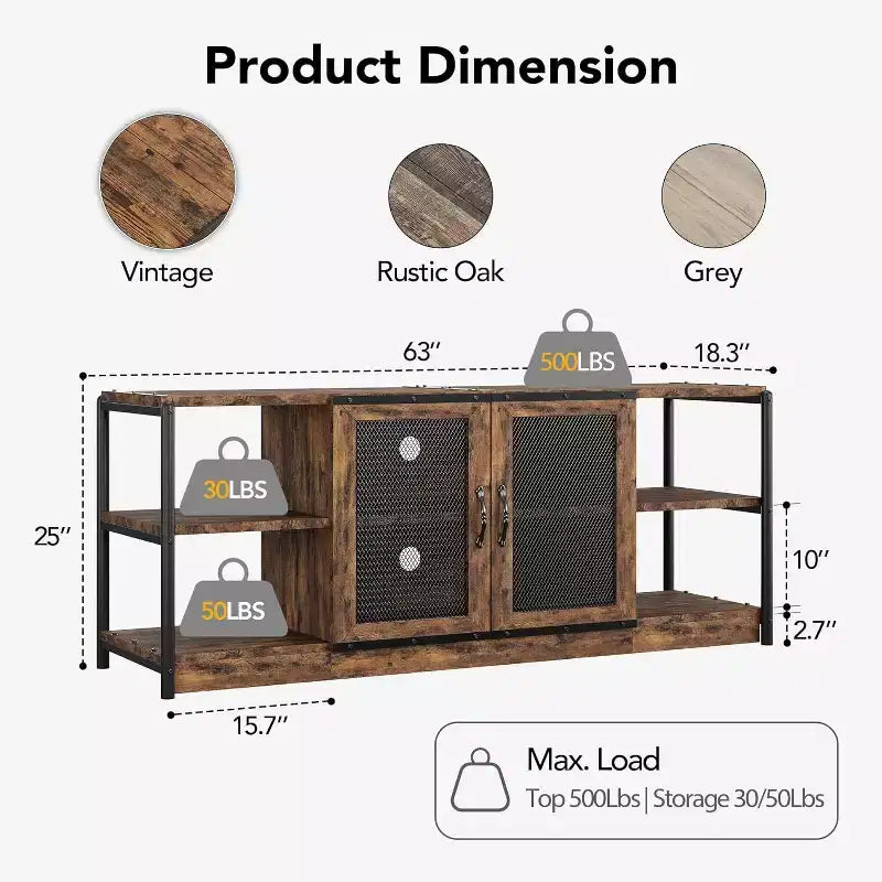 Meuble TV gris rustique, meuble TV de 160 cm avec armoire de rangement et portes en maille pour salon et chambre à coucher