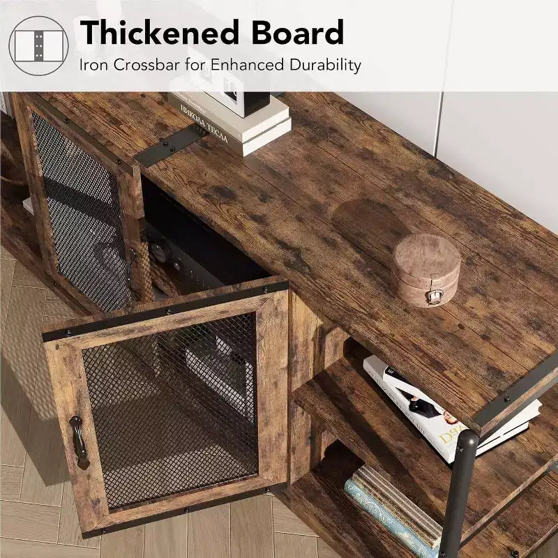 Meuble TV gris rustique, meuble TV de 160 cm avec armoire de rangement et portes en maille pour salon et chambre à coucher