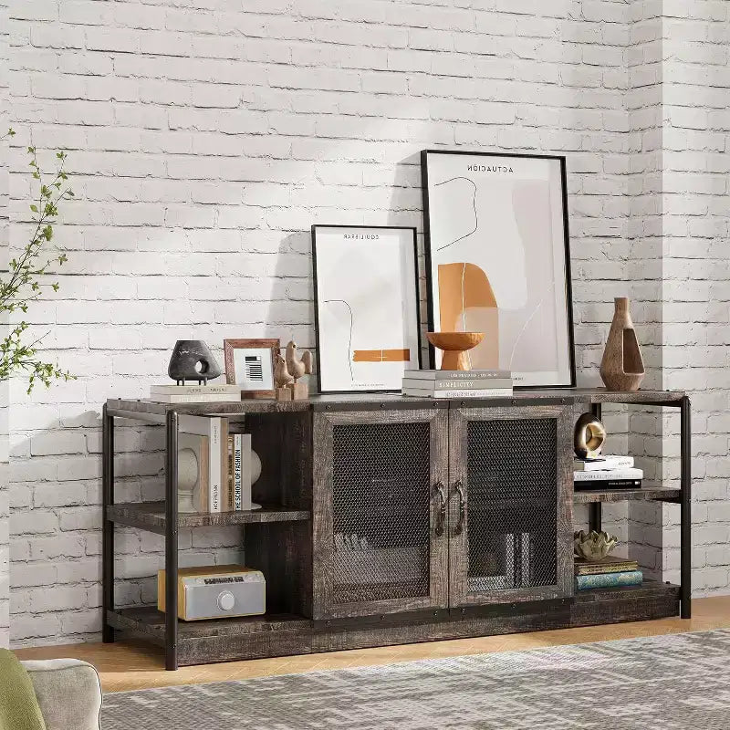 Meuble TV gris rustique, meuble TV de 160 cm avec armoire de rangement et portes en maille pour salon et chambre à coucher