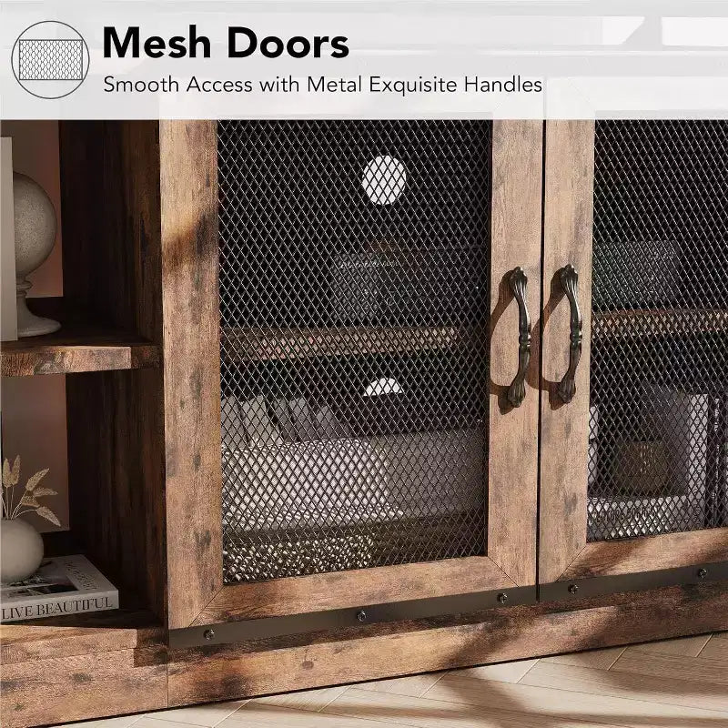Meuble TV gris rustique, meuble TV de 160 cm avec armoire de rangement et portes en maille pour salon et chambre à coucher