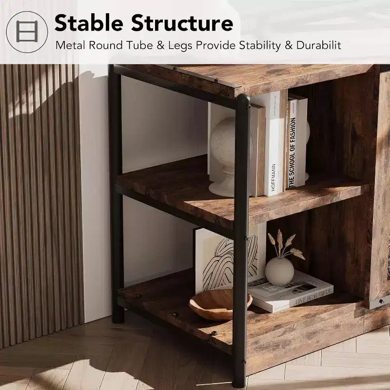Meuble TV gris rustique, meuble TV de 160 cm avec armoire de rangement et portes en maille pour salon et chambre à coucher