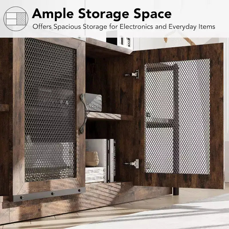 Meuble TV gris rustique, meuble TV de 160 cm avec armoire de rangement et portes en maille pour salon et chambre à coucher