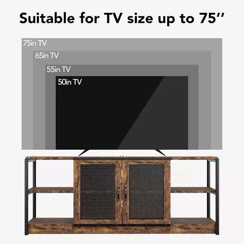 Meuble TV gris rustique, meuble TV de 160 cm avec armoire de rangement et portes en maille pour salon et chambre à coucher