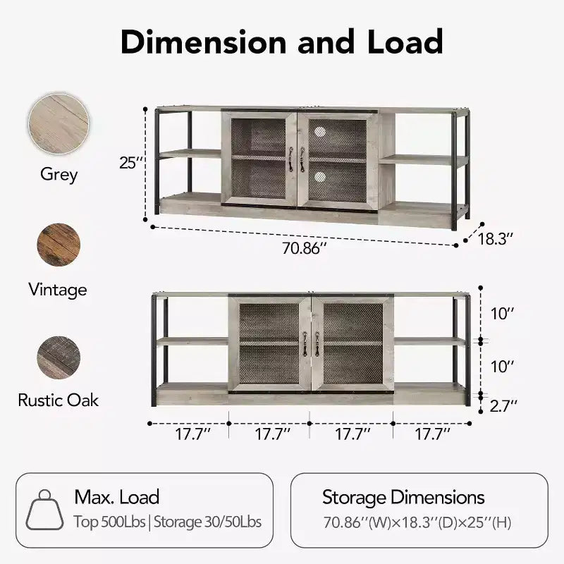 Meuble TV gris rustique, meuble TV de 160 cm avec armoire de rangement et portes en maille pour salon et chambre à coucher