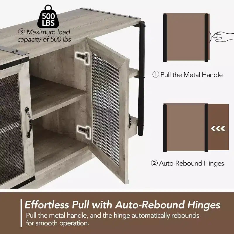 Meuble TV gris rustique, meuble TV de 160 cm avec armoire de rangement et portes en maille pour salon et chambre à coucher