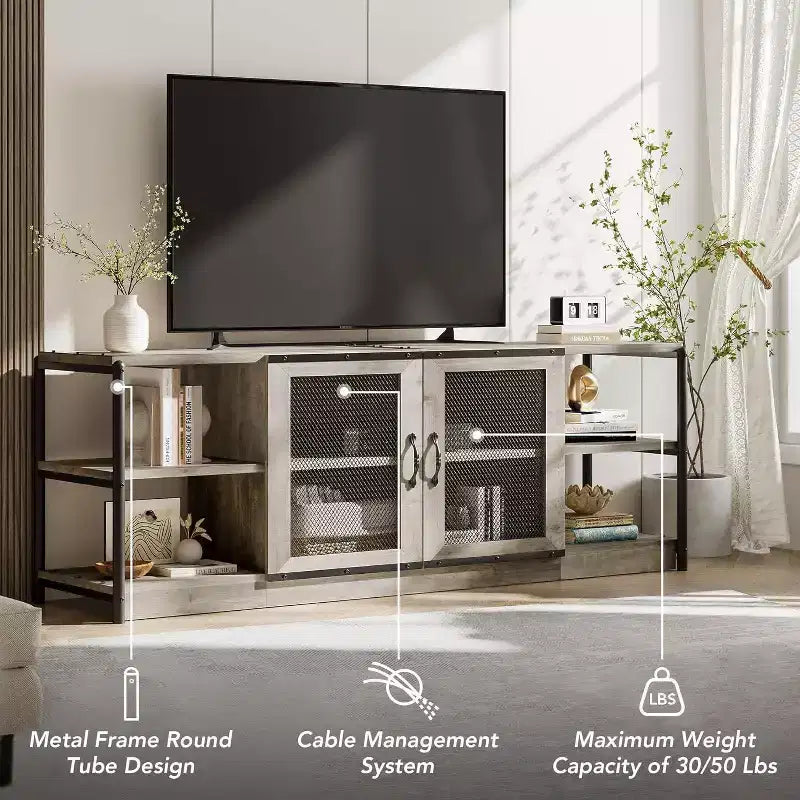 Meuble TV gris rustique, meuble TV de 160 cm avec armoire de rangement et portes en maille pour salon et chambre à coucher