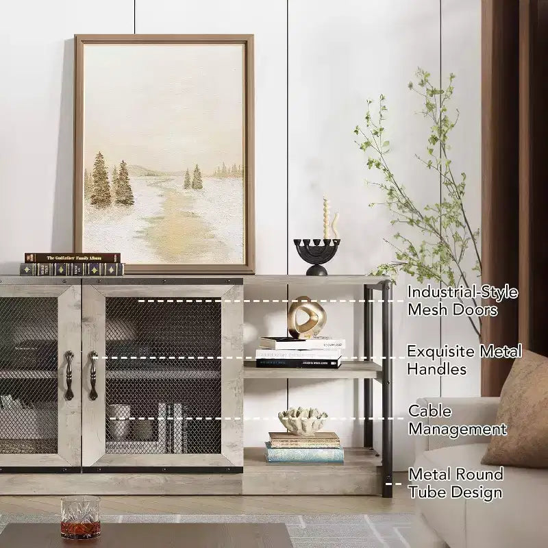 Meuble TV gris rustique, meuble TV de 160 cm avec armoire de rangement et portes en maille pour salon et chambre à coucher