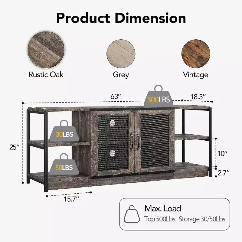 Meuble TV gris rustique, meuble TV de 160 cm avec armoire de rangement et portes en maille pour salon et chambre à coucher