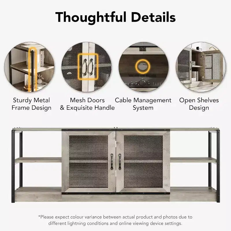Meuble TV gris rustique, meuble TV de 160 cm avec armoire de rangement et portes en maille pour salon et chambre à coucher