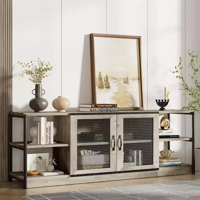 Meuble TV gris rustique, meuble TV de 160 cm avec armoire de rangement et portes en maille pour salon et chambre à coucher