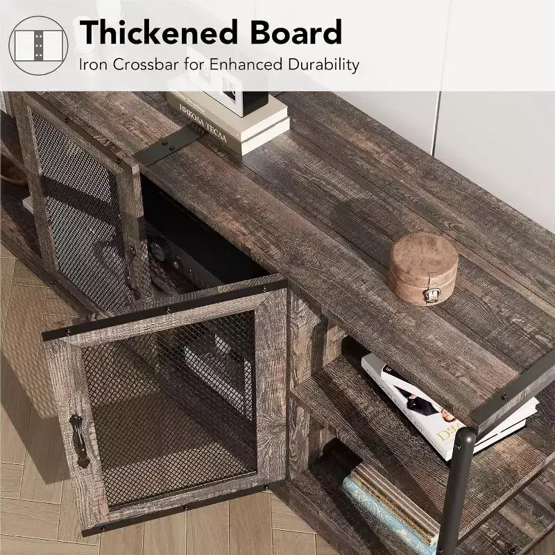 Meuble TV gris rustique, meuble TV de 160 cm avec armoire de rangement et portes en maille pour salon et chambre à coucher
