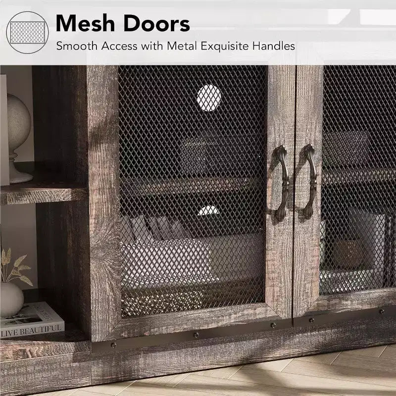 Meuble TV gris rustique, meuble TV de 160 cm avec armoire de rangement et portes en maille pour salon et chambre à coucher