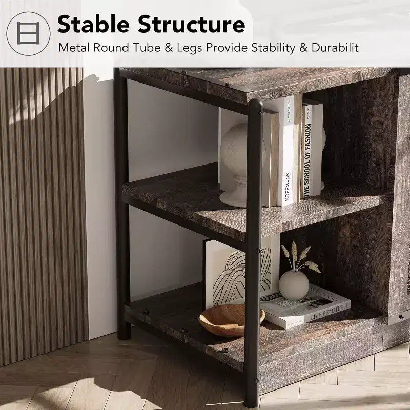 Meuble TV gris rustique, meuble TV de 160 cm avec armoire de rangement et portes en maille pour salon et chambre à coucher