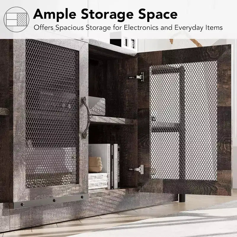 Meuble TV gris rustique, meuble TV de 160 cm avec armoire de rangement et portes en maille pour salon et chambre à coucher