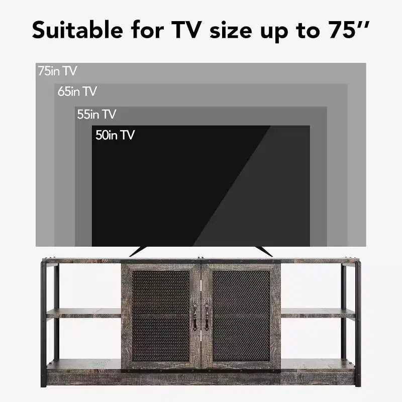 Meuble TV gris rustique, meuble TV de 160 cm avec armoire de rangement et portes en maille pour salon et chambre à coucher