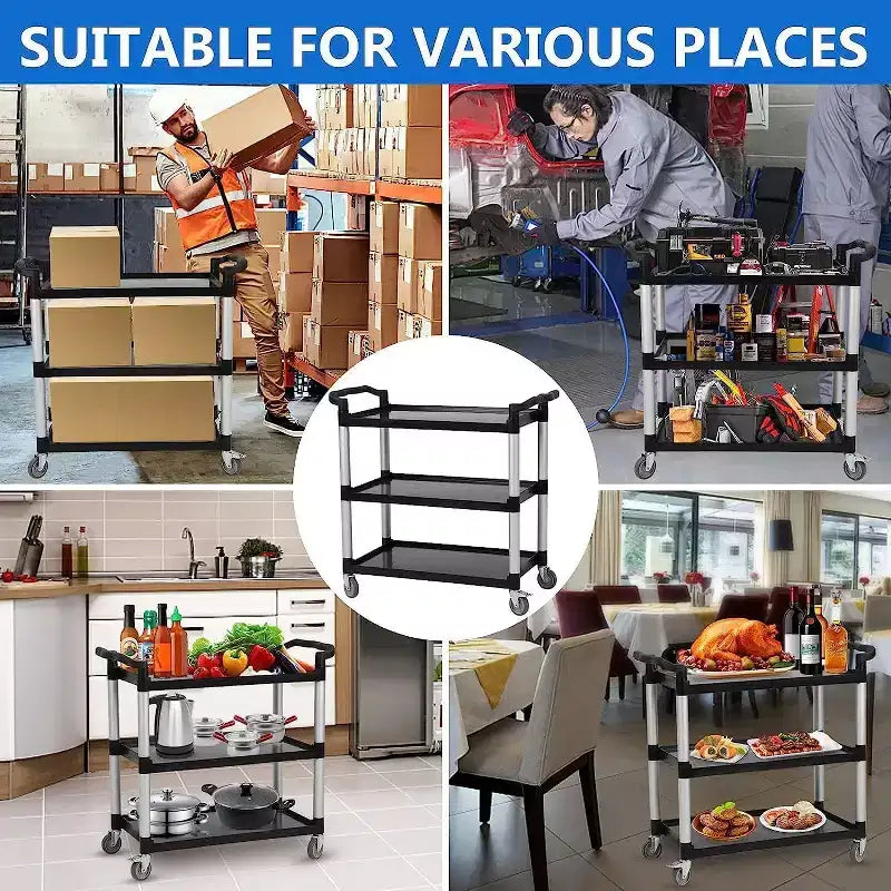 Chariot de service à roulettes à 3 niveaux en plastique, roulettes verrouillables, cadre métallique, pour bureau/cuisine/service alimentaire d'hôtel/commerce/restaurant