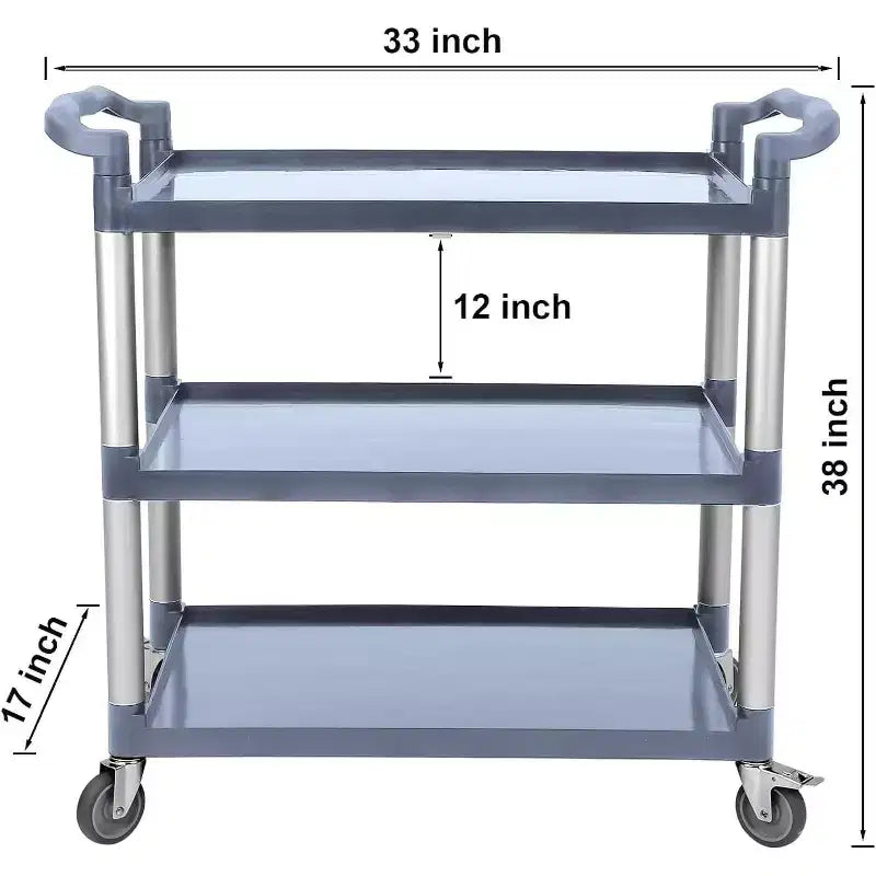Chariot de service à roulettes à 3 niveaux en plastique, roulettes verrouillables, cadre métallique, pour bureau/cuisine/service alimentaire d'hôtel/commerce/restaurant
