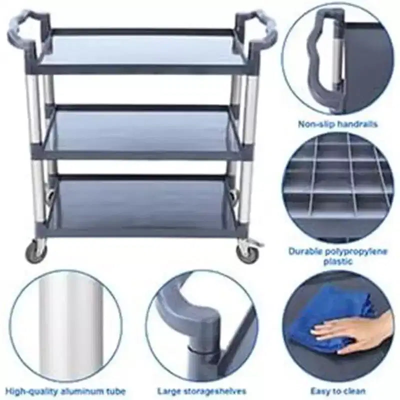 Chariot de service à roulettes à 3 niveaux en plastique, roulettes verrouillables, cadre métallique, pour bureau/cuisine/service alimentaire d'hôtel/commerce/restaurant