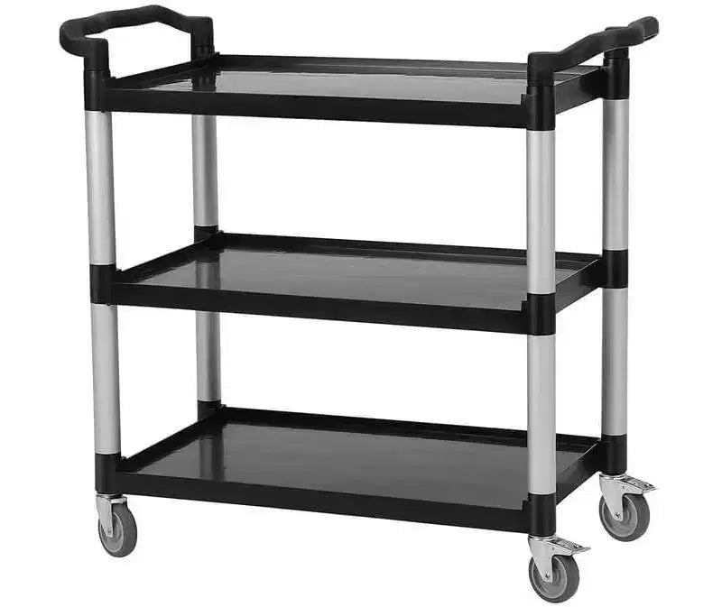 Chariot de service à roulettes à 3 niveaux en plastique, roulettes verrouillables, cadre métallique, pour bureau/cuisine/service alimentaire d'hôtel/commerce/restaurant