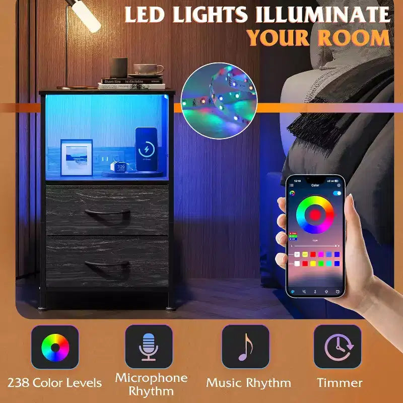 Table de chevet avec station de recharge, table de chevet LED avec 2 tiroirs en tissu, étagère de rangement, 3 ports USB et 2 prises de courant
