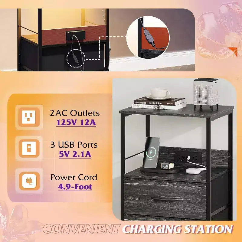 Table de chevet avec station de recharge, table de chevet LED avec 2 tiroirs en tissu, étagère de rangement, 3 ports USB et 2 prises de courant