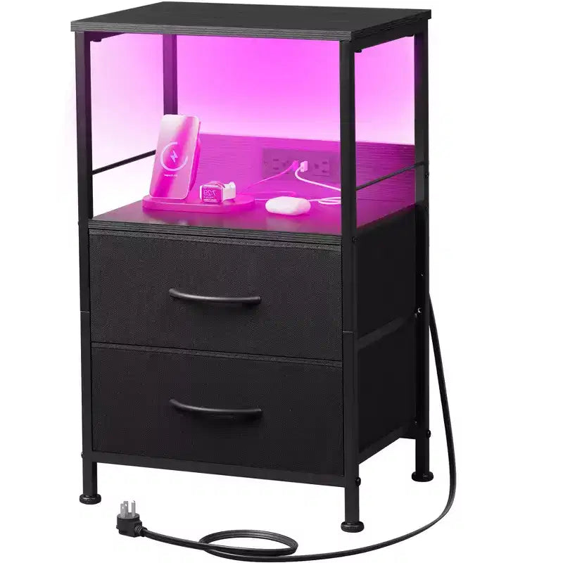 Table de chevet avec station de recharge, table de chevet LED avec 2 tiroirs en tissu, étagère de rangement, 3 ports USB et 2 prises de courant