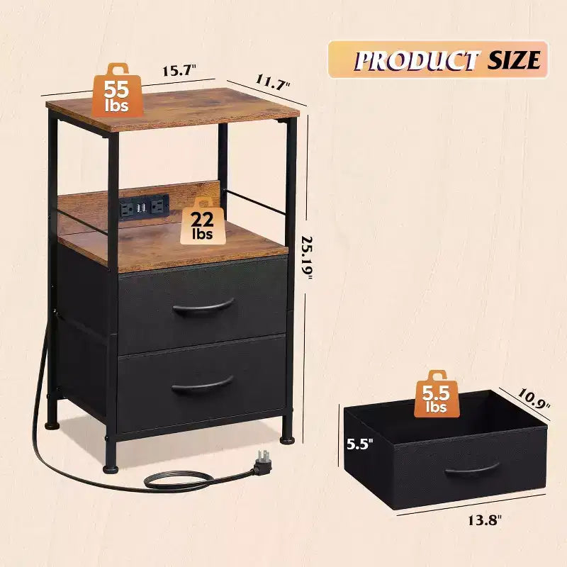 Table de chevet avec station de recharge, table de chevet LED avec 2 tiroirs en tissu, étagère de rangement, 3 ports USB et 2 prises de courant